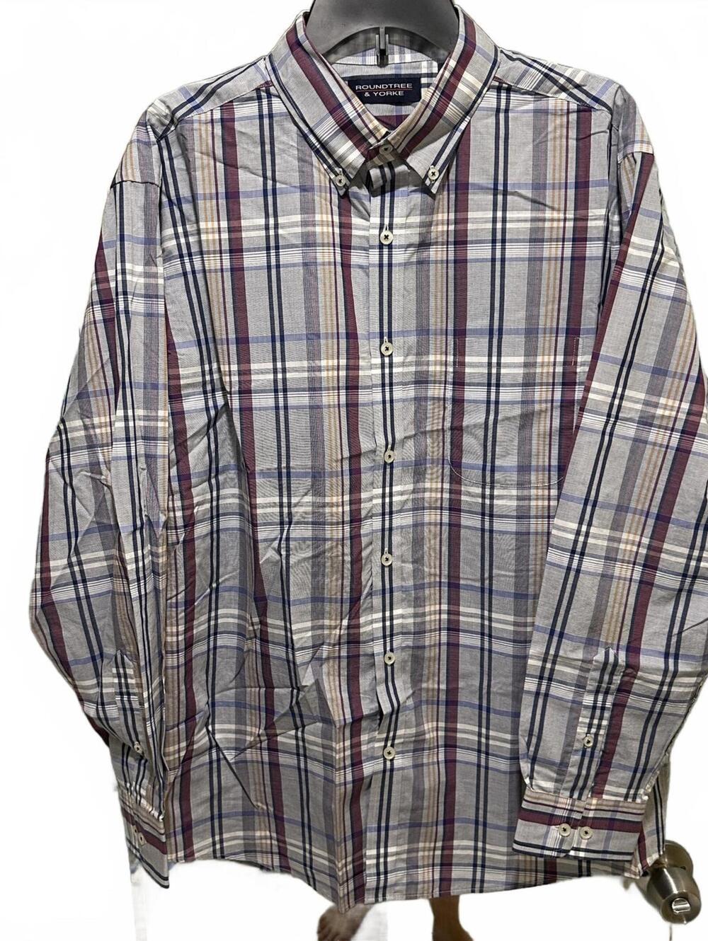 Roundtree & Yorke  Men's Button Down Shirt Plaid Blue & Burgundy Pattern - Large
